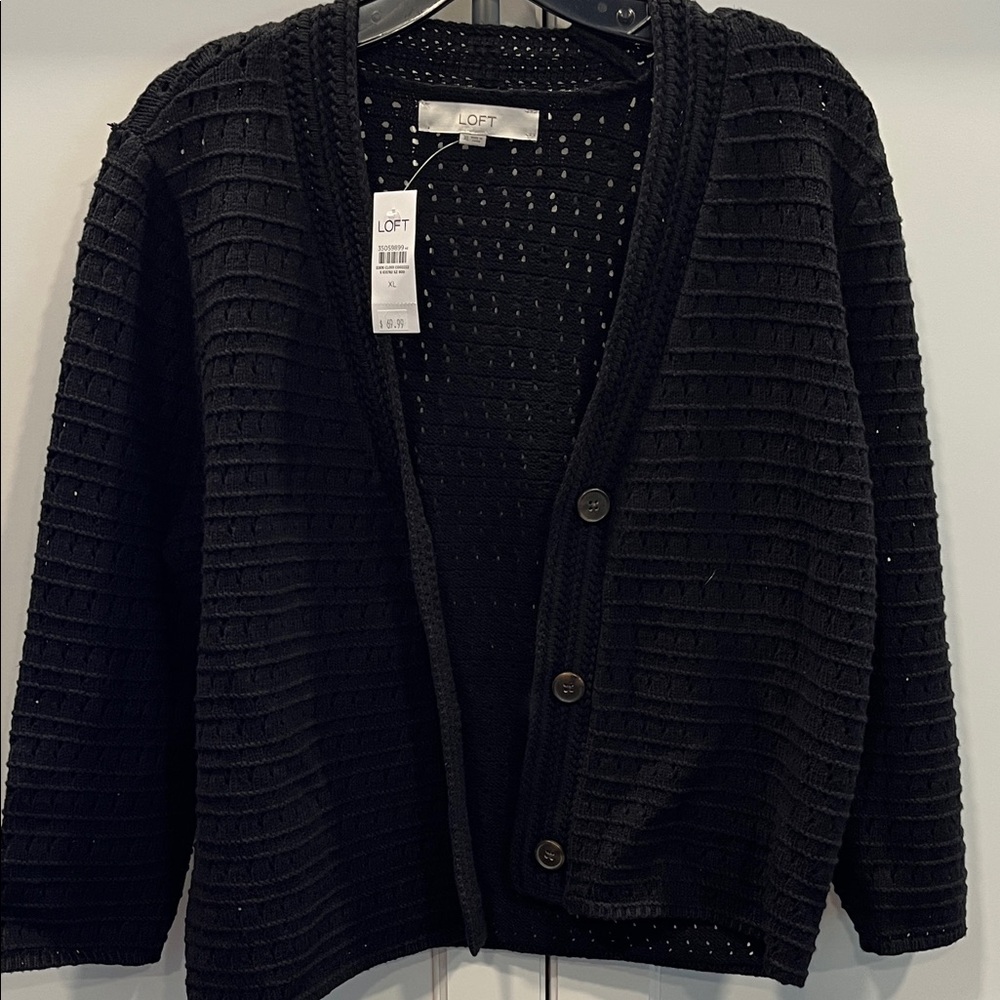 LOFT Black Textured Button-Up Cardigan